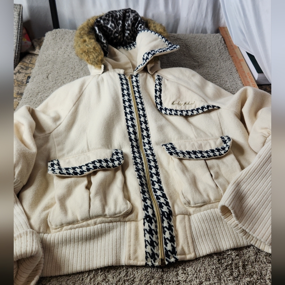 Women's Vintage Cream Hooded Jacket with Houndstooth Trim - Baby Phat - L